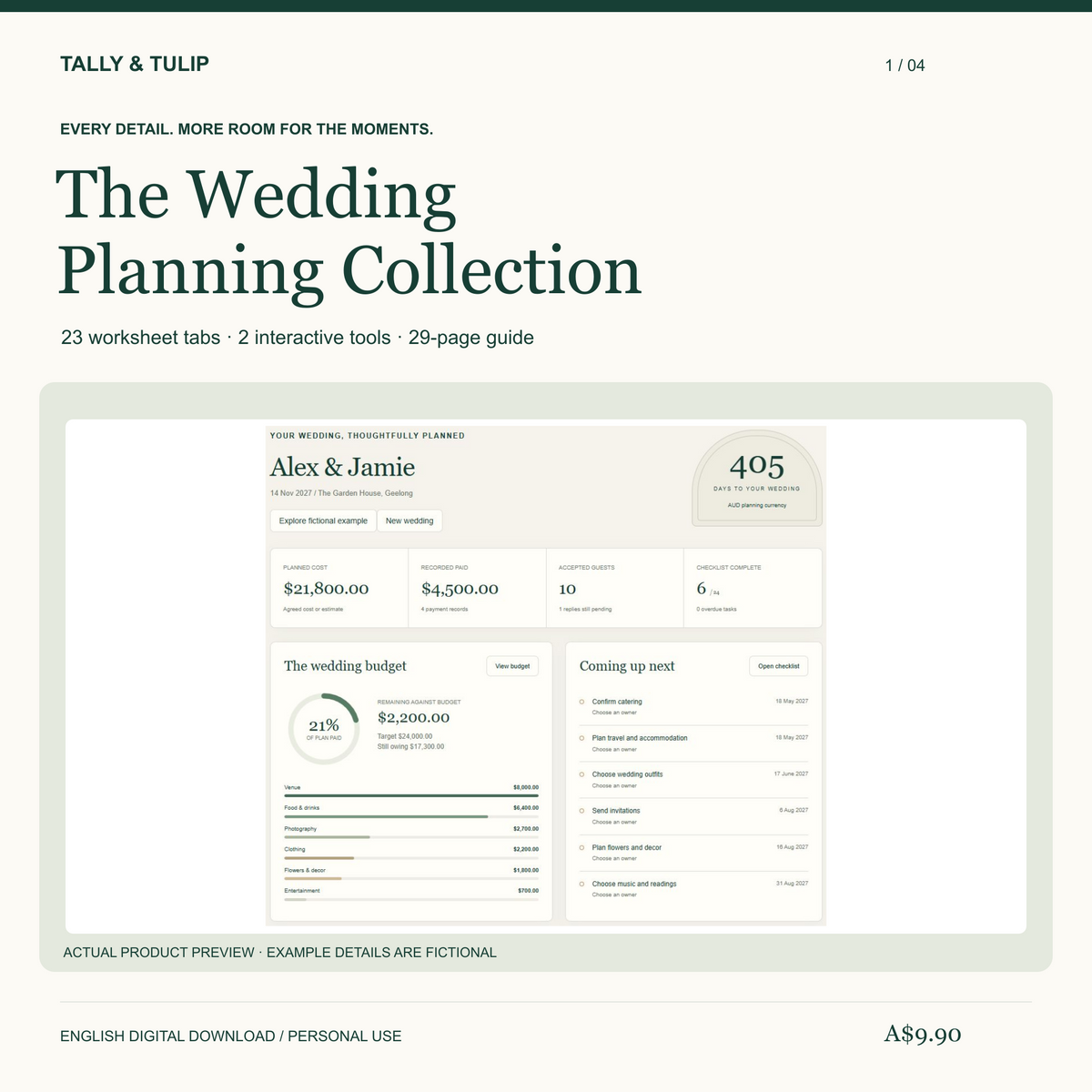 Wedding Planner Bundle with a fictional Planning Studio overview, 23 workbook tabs, two browser tools and a 29-page guide.