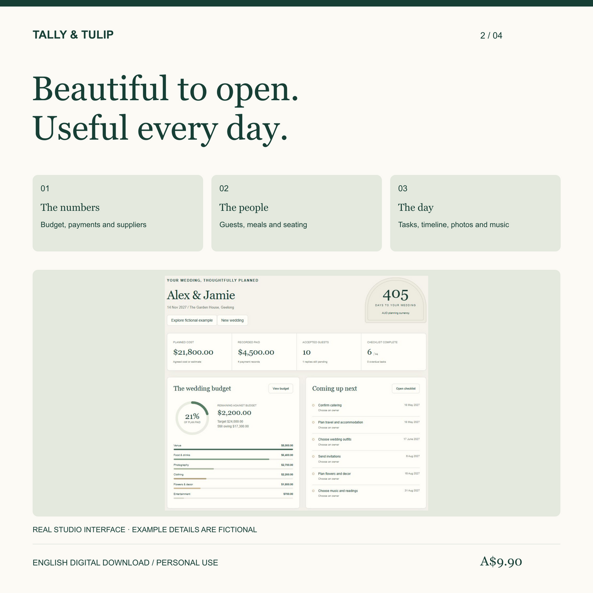 Wedding planning features for budget, guests and the day, above a Planning Studio screenshot with fictional example data.