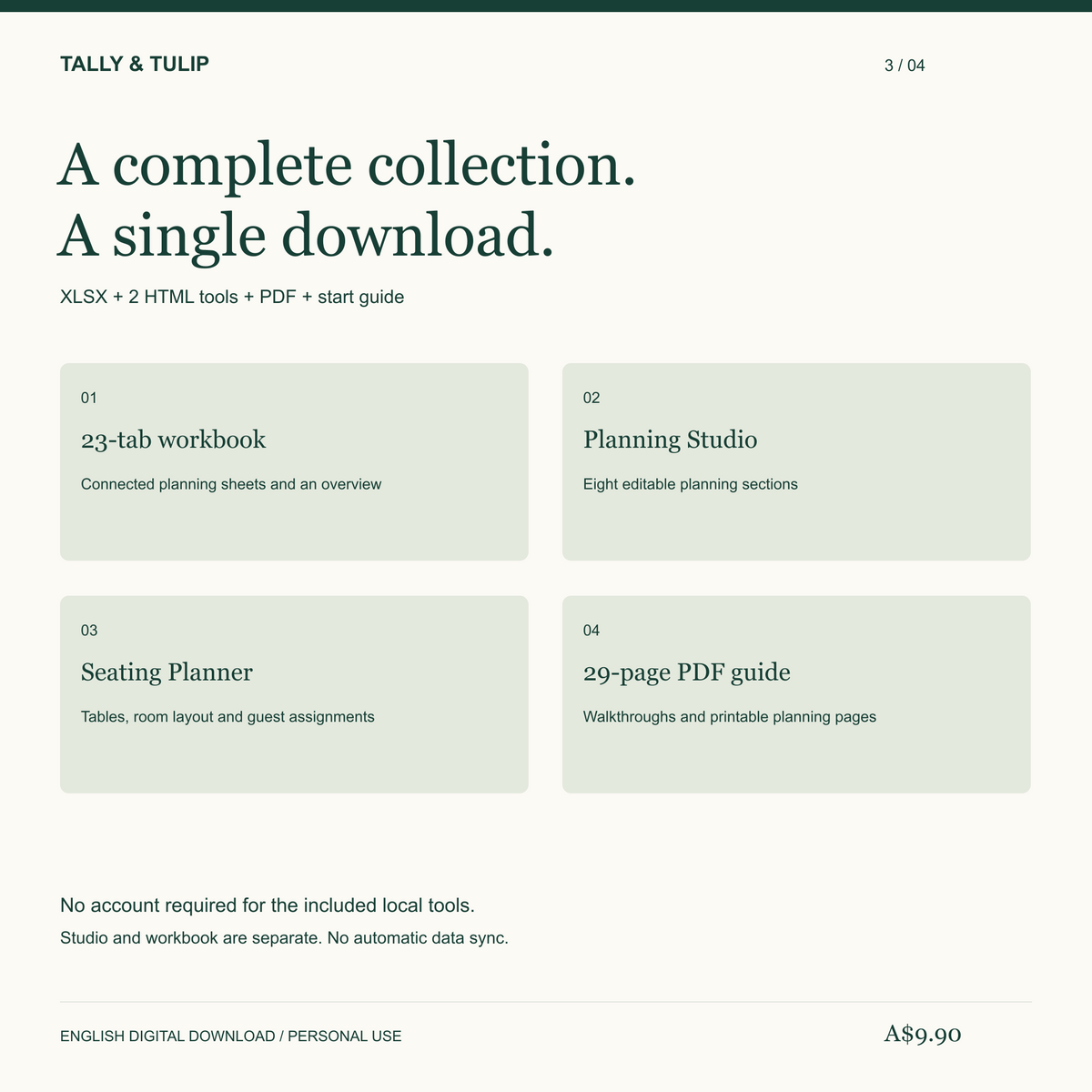 Wedding download contents: 23-tab workbook, Planning Studio, Seating Planner and 29-page PDF guide.